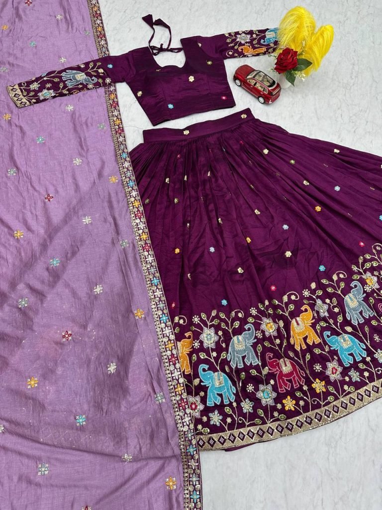 Wine Purple pure vichitra silk thread & sequence work lehenga choli