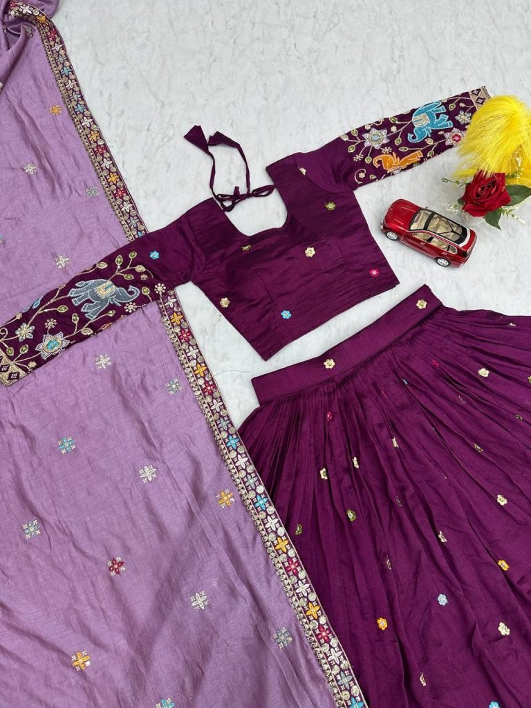 Wine Purple pure vichitra silk thread & sequence work lehenga choli