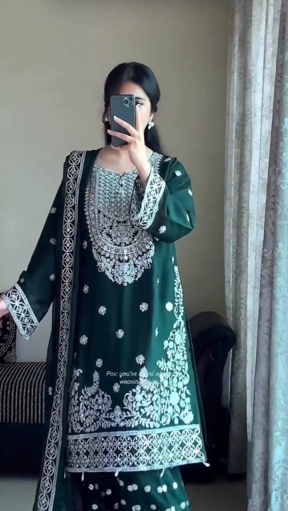 Green faux georgette thread with sequence work top-palazzo and dupatta set