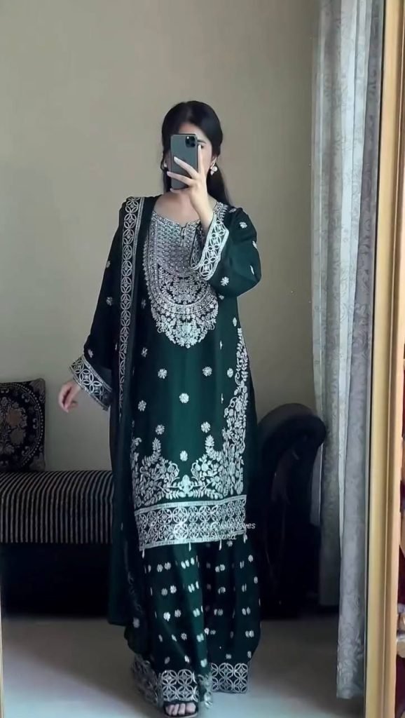 Green faux georgette thread with sequence work top-palazzo and dupatta set