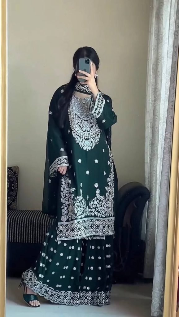 Green faux georgette thread with sequence work top-palazzo and dupatta set