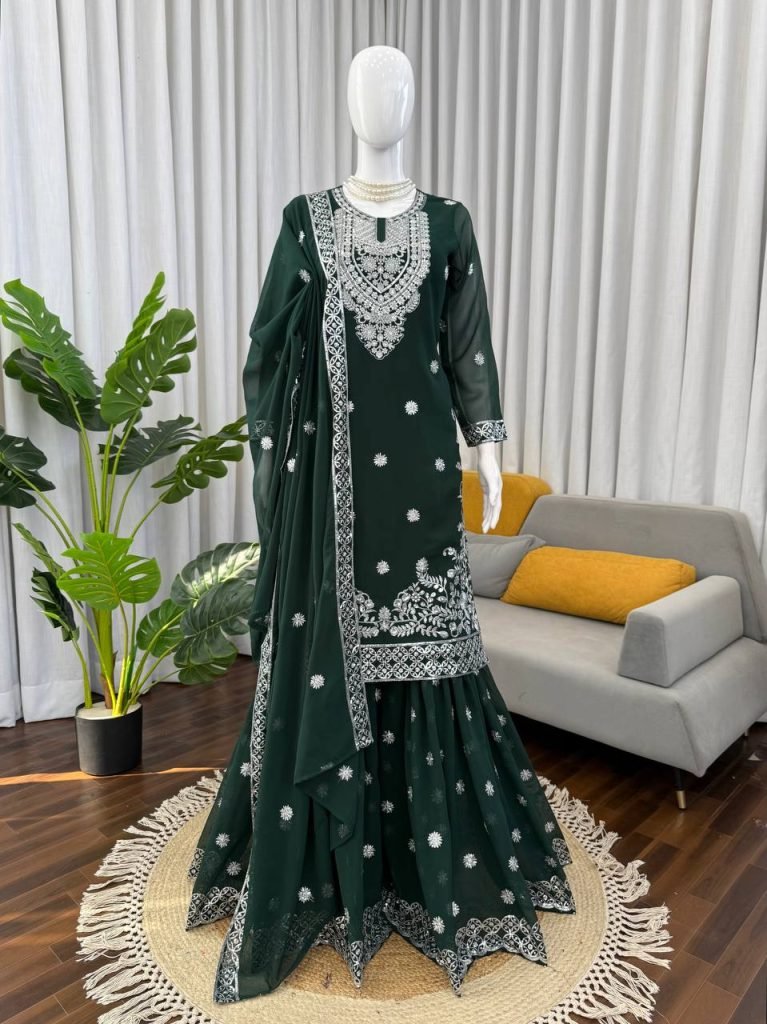 Green faux georgette thread with sequence work top-palazzo and dupatta set