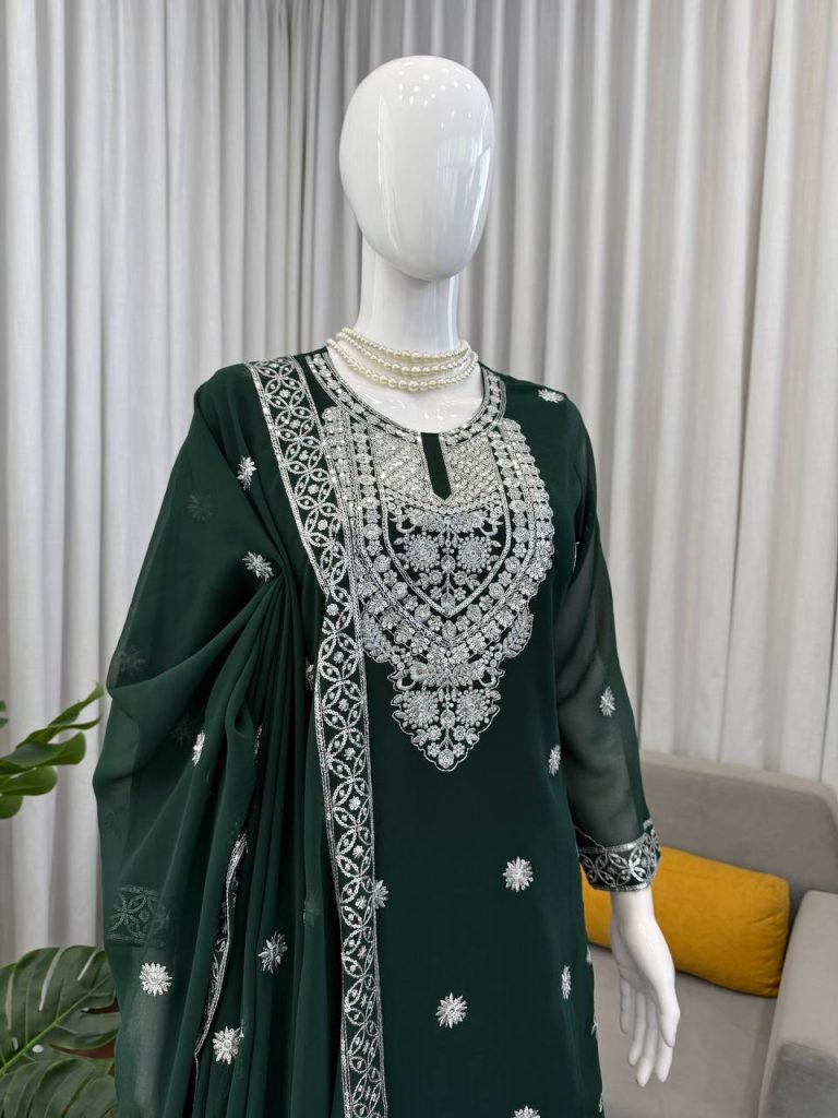 Green faux georgette thread with sequence work top-palazzo and dupatta set