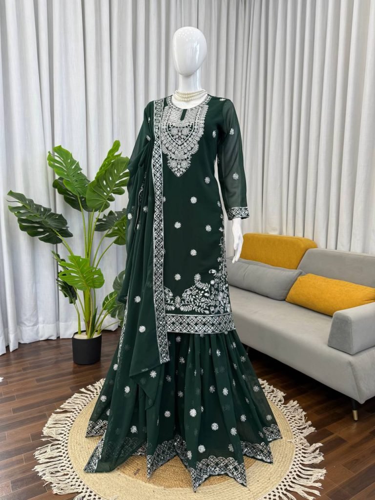 Green faux georgette thread with sequence work top-palazzo and dupatta set