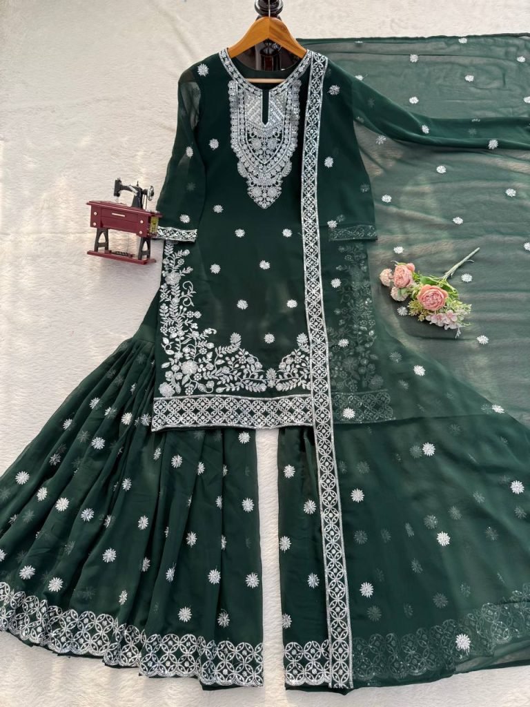 Green faux georgette thread with sequence work top-palazzo and dupatta set