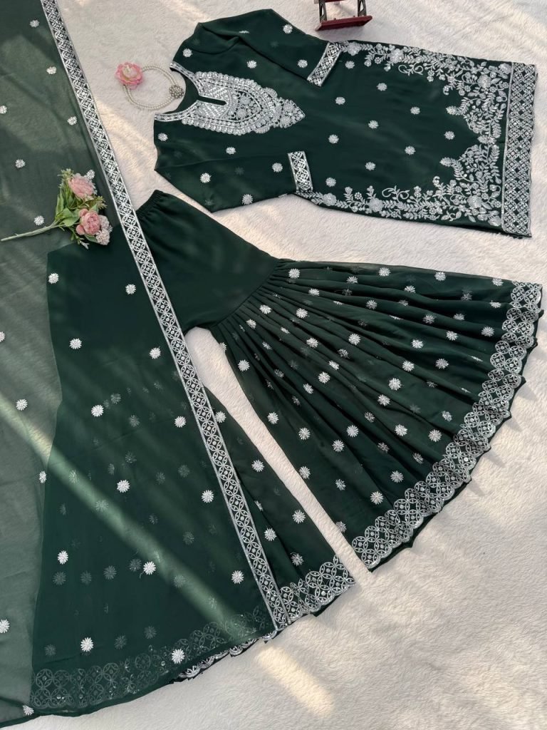 Green faux georgette thread with sequence work top-palazzo and dupatta set