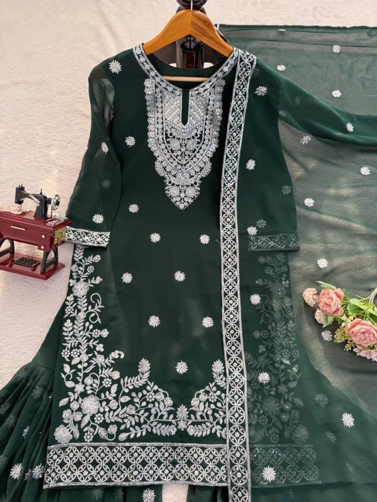 Green faux georgette thread with sequence work top-palazzo and dupatta set