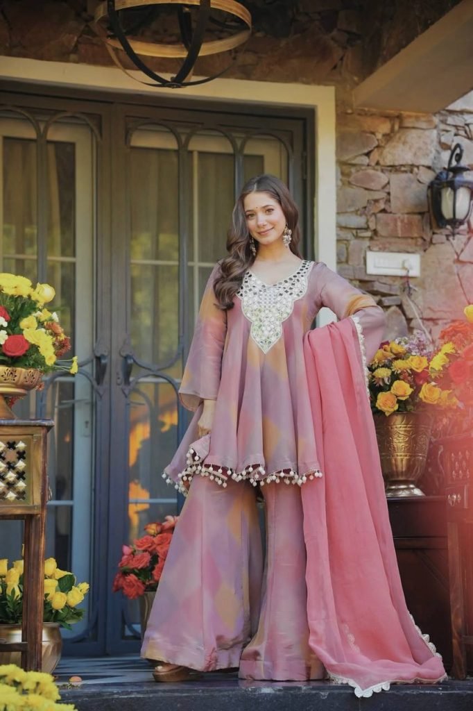 Multicolour cosmos silk thread mirror work gown-palazzo and dupatta set