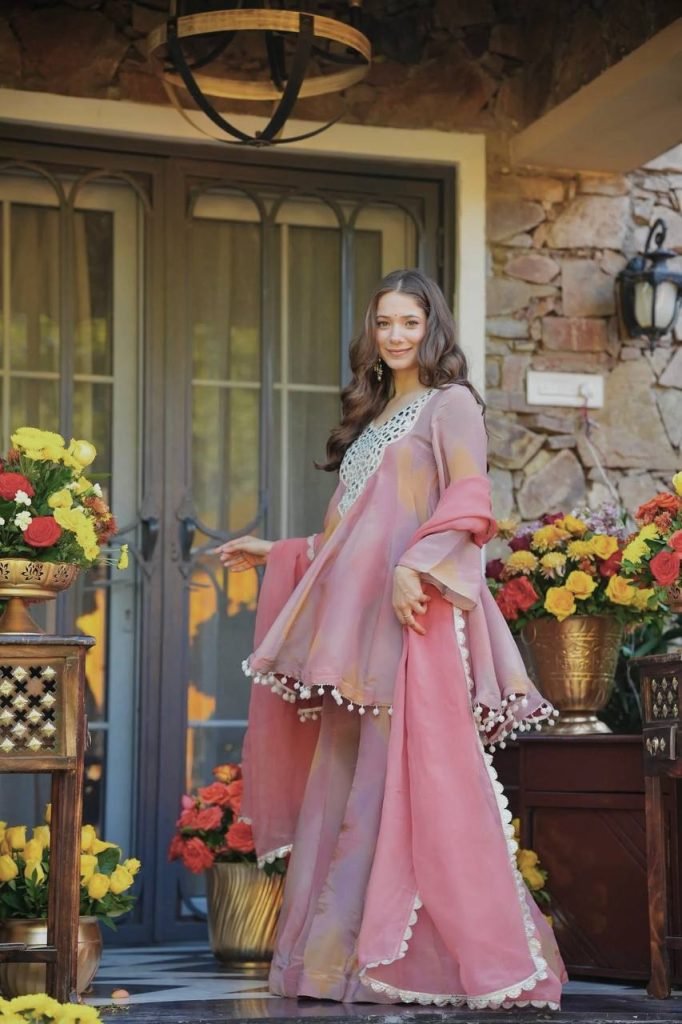 Multicolour cosmos silk thread mirror work gown-palazzo and dupatta set