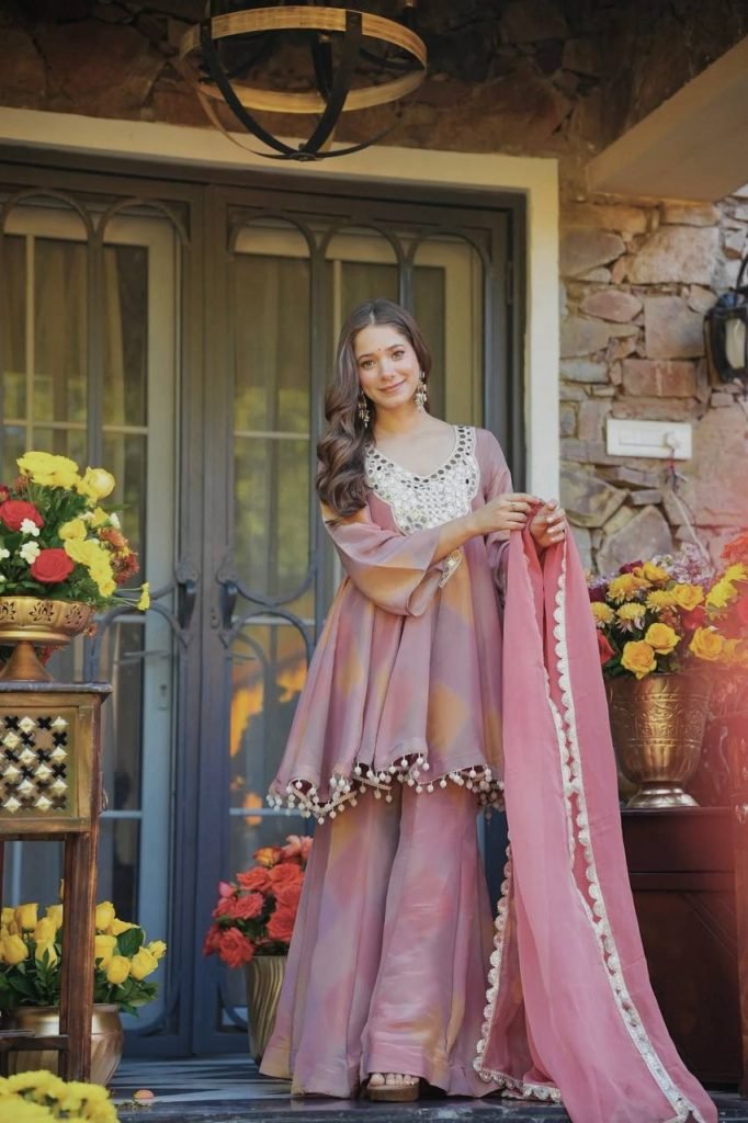 Multicolour cosmos silk thread mirror work gown-palazzo and dupatta set