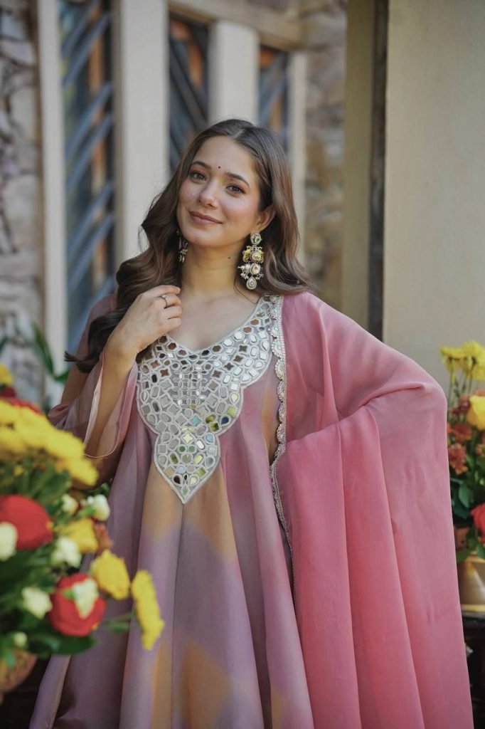 Multicolour cosmos silk thread mirror work gown-palazzo and dupatta set