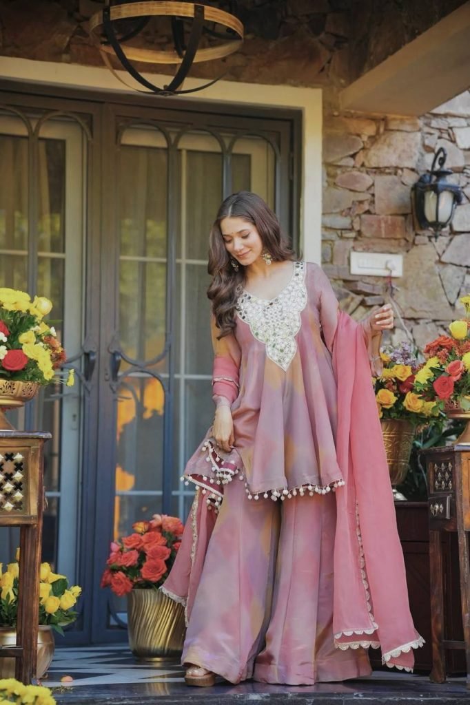 Multicolour cosmos silk thread mirror work gown-palazzo and dupatta set
