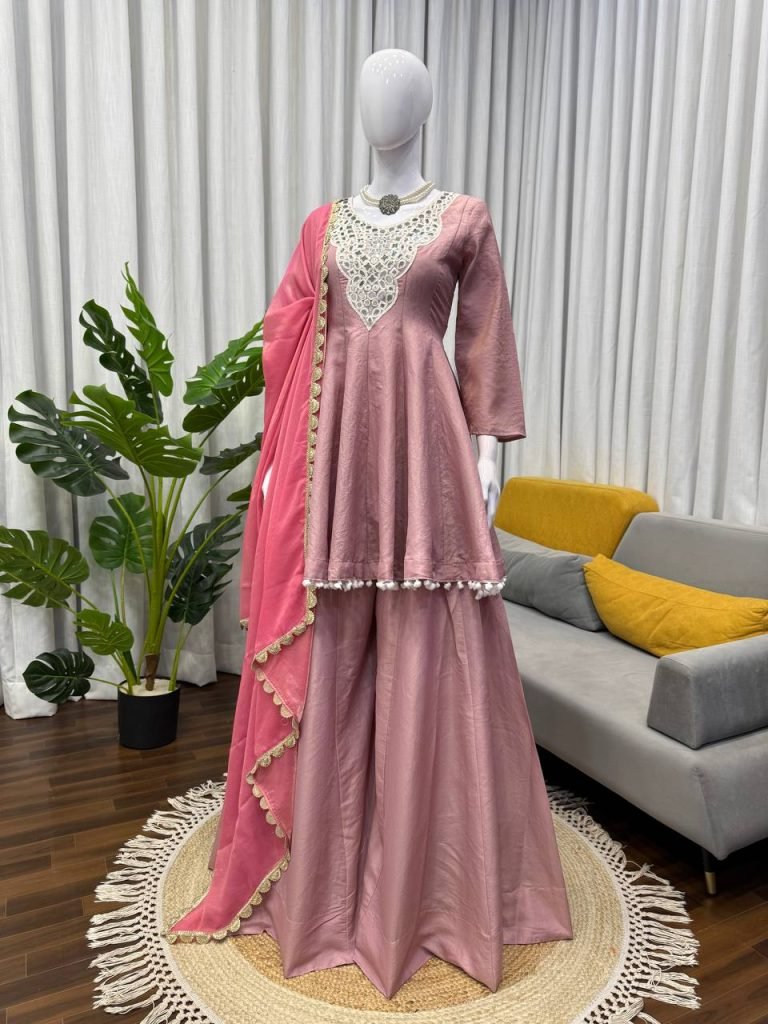 Multicolour cosmos silk thread mirror work gown-palazzo and dupatta set
