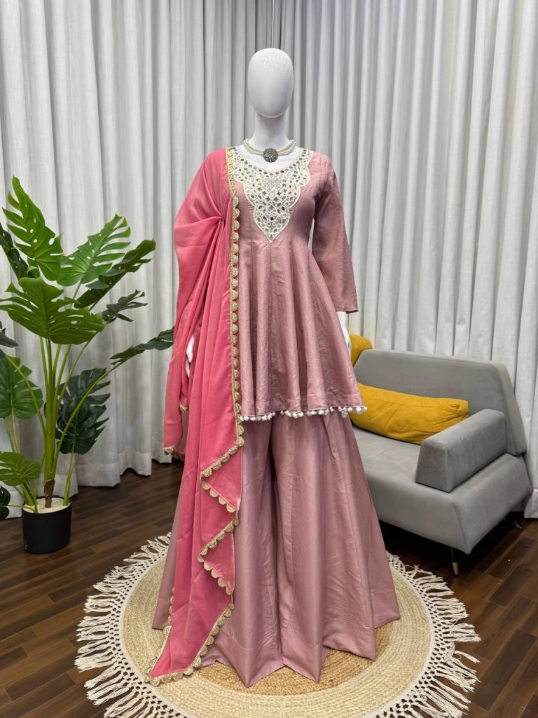 Multicolour cosmos silk thread mirror work gown-palazzo and dupatta set