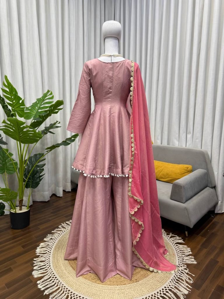 Multicolour cosmos silk thread mirror work gown-palazzo and dupatta set