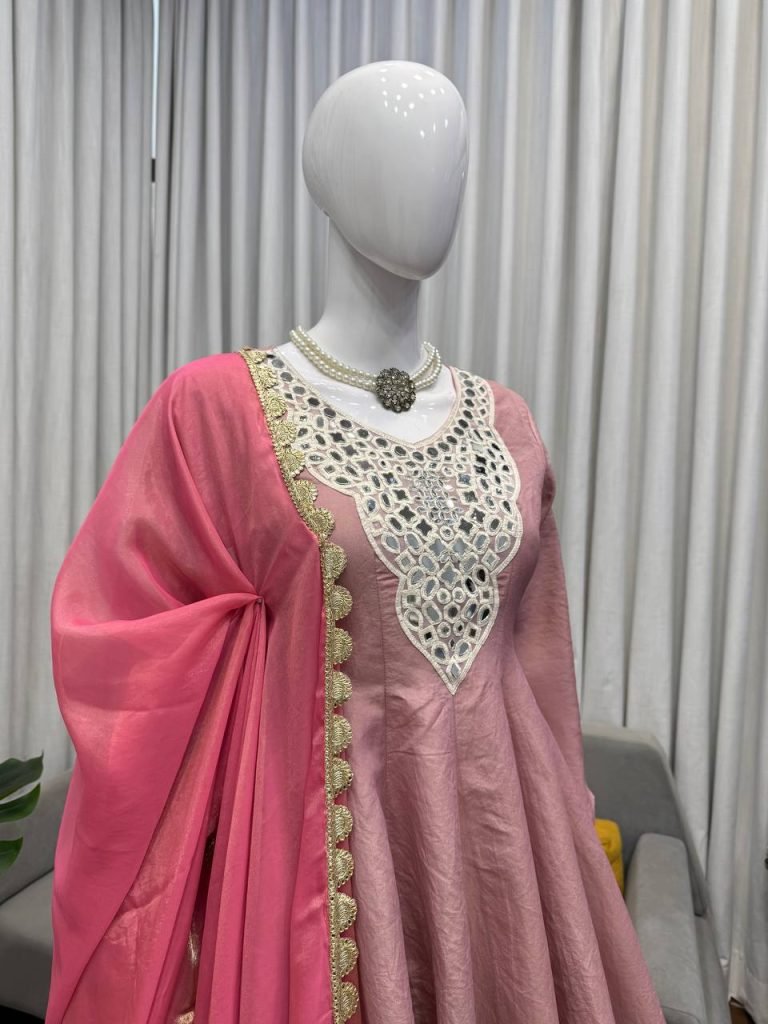 Multicolour cosmos silk thread mirror work gown-palazzo and dupatta set