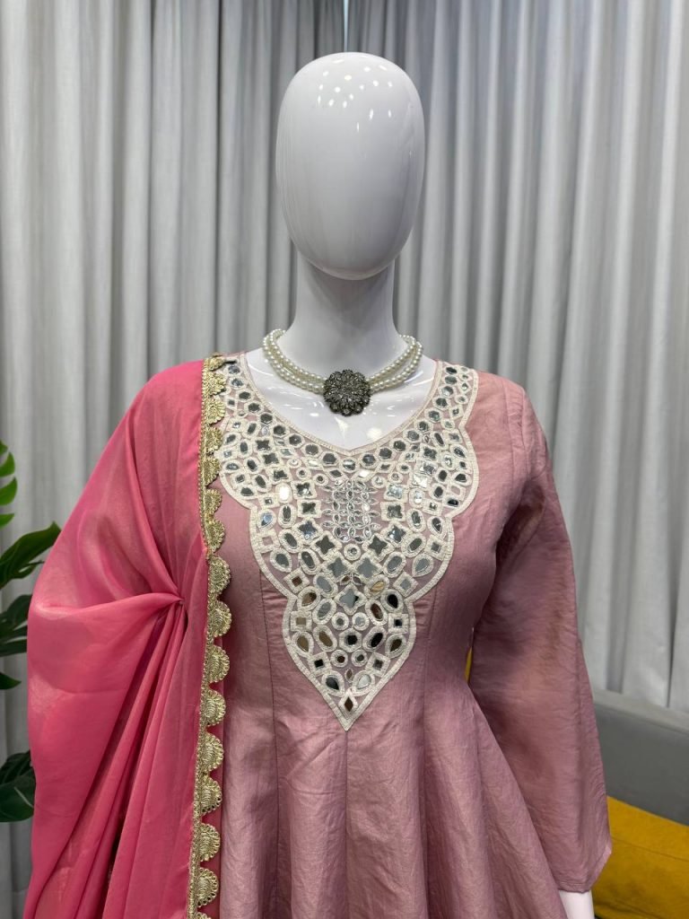 Multicolour cosmos silk thread mirror work gown-palazzo and dupatta set