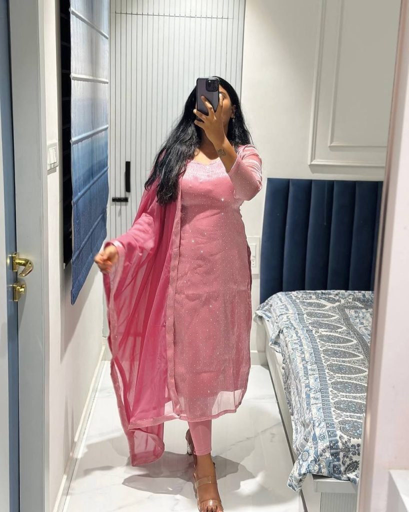 Light pink barbaric silk hot-fix work top-pant and dupatta set