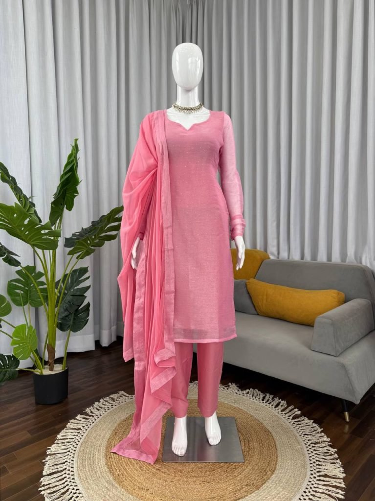 Light pink barbaric silk hot-fix work top-pant and dupatta set