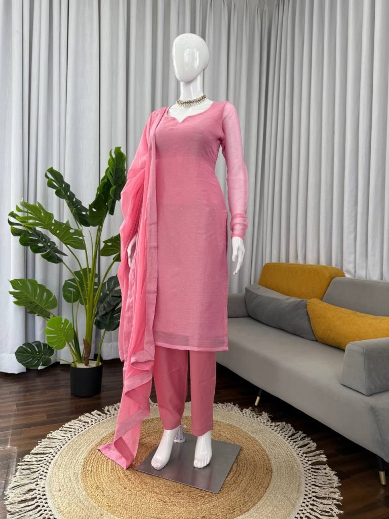 Light pink barbaric silk hot-fix work top-pant and dupatta set