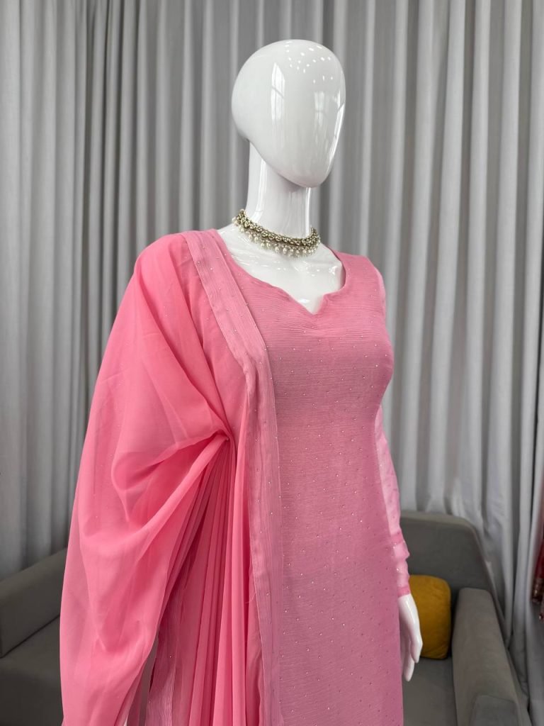 Light pink barbaric silk hot-fix work top-pant and dupatta set