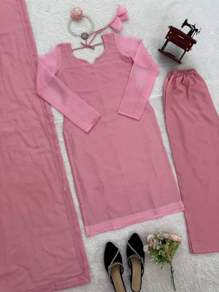 Light pink barbaric silk hot-fix work top-pant and dupatta set