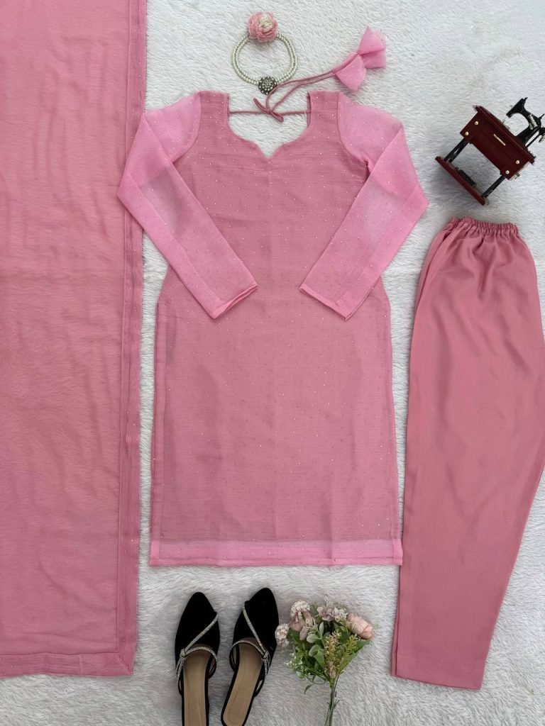 Light pink barbaric silk hot-fix work top-pant and dupatta set