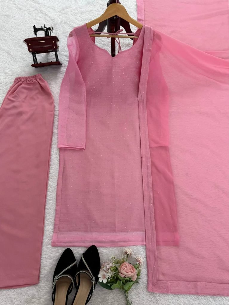 Light pink barbaric silk hot-fix work top-pant and dupatta set