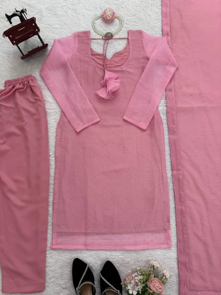Light pink barbaric silk hot-fix work top-pant and dupatta set