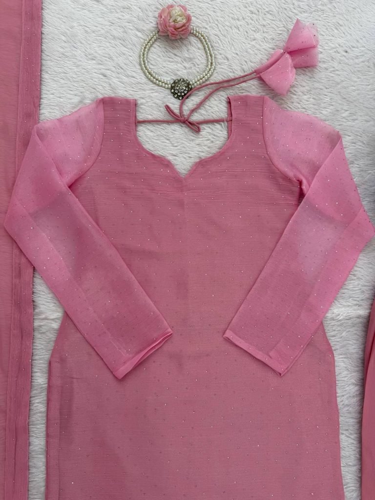 Light pink barbaric silk hot-fix work top-pant and dupatta set