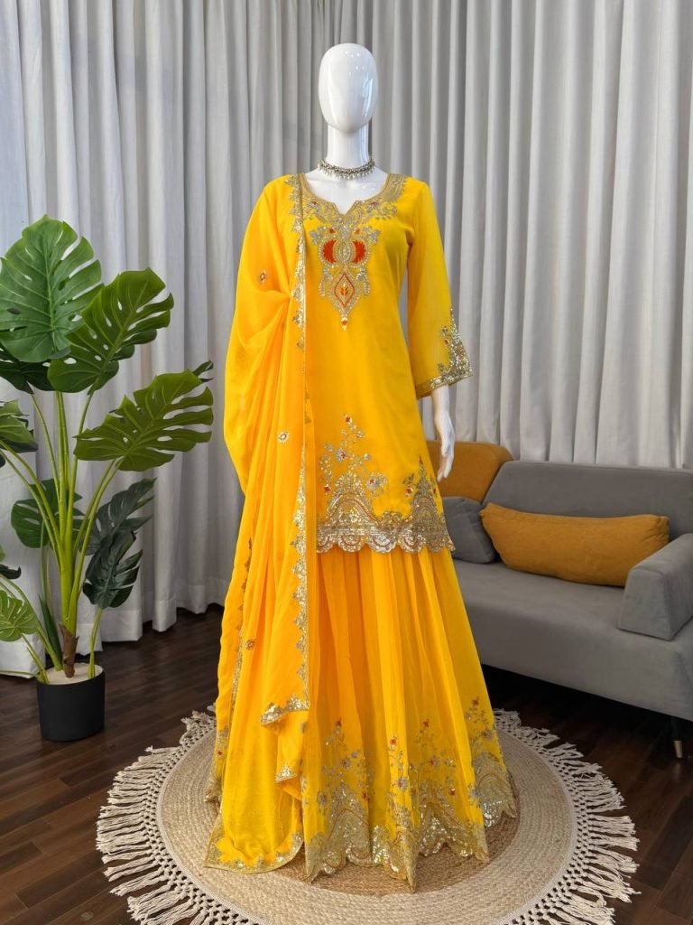 Yellow faux georgette thread & sequence work top-sharara and dupatta set