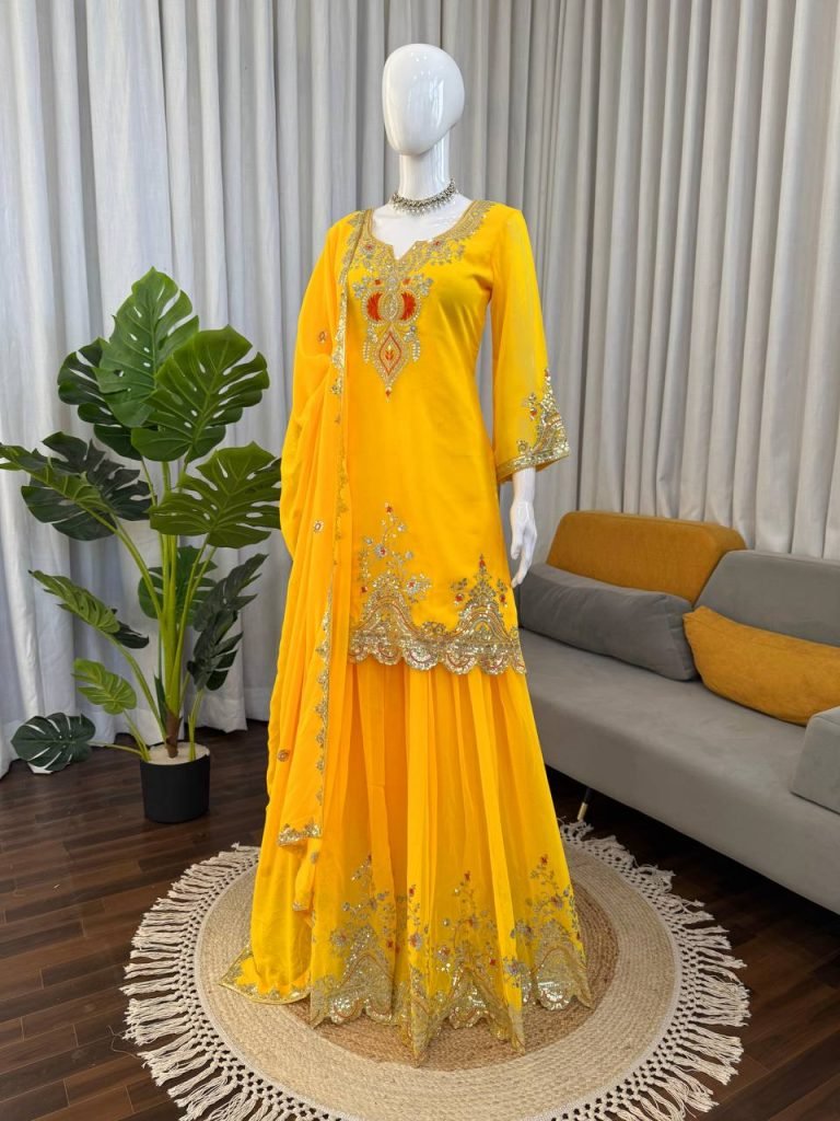 Yellow faux georgette thread & sequence work top-sharara and dupatta set