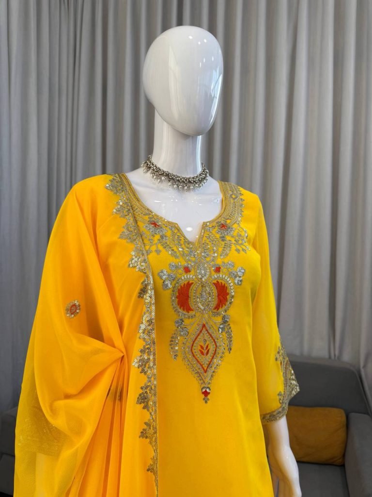 Yellow faux georgette thread & sequence work top-sharara and dupatta set