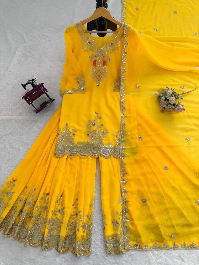 Yellow faux georgette thread & sequence work top-sharara and dupatta set