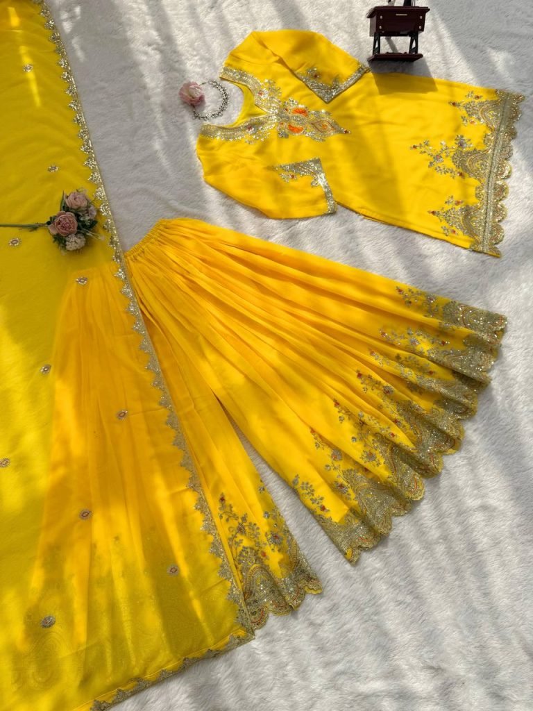 Yellow faux georgette thread & sequence work top-sharara and dupatta set