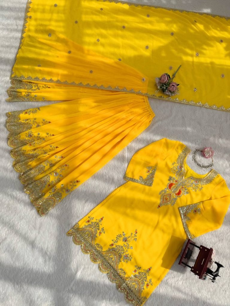 Yellow faux georgette thread & sequence work top-sharara and dupatta set