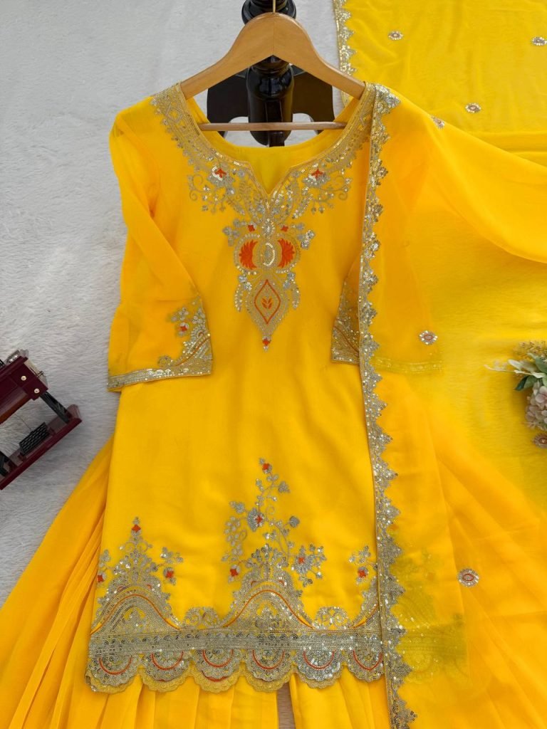 Yellow faux georgette thread & sequence work top-sharara and dupatta set