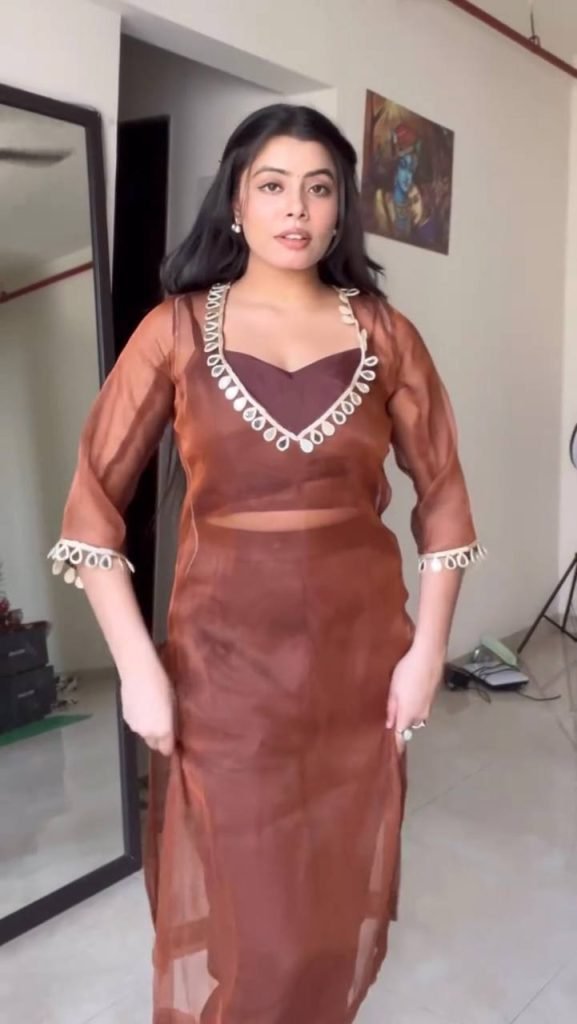 Light Brown organza silk thread with mirror work top-pant and blouse set