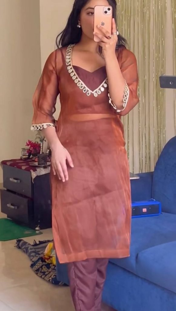 Light Brown organza silk thread with mirror work top-pant and blouse set
