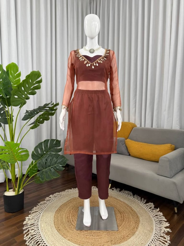 Light Brown organza silk thread with mirror work top-pant and blouse set