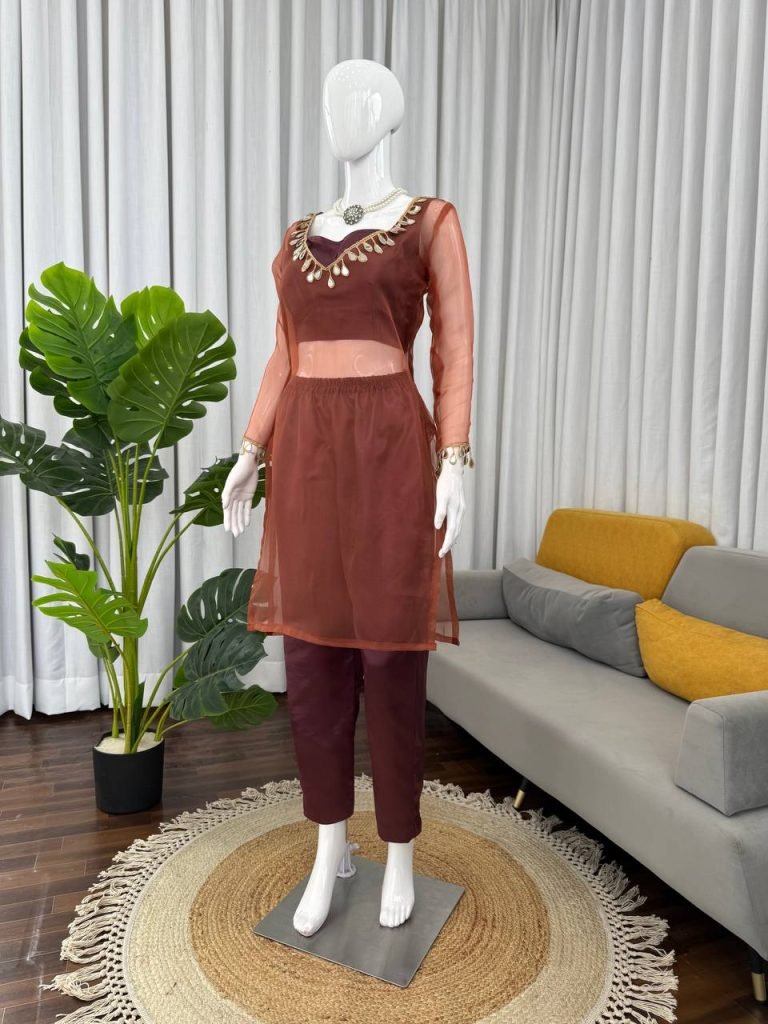 Light Brown organza silk thread with mirror work top-pant and blouse set
