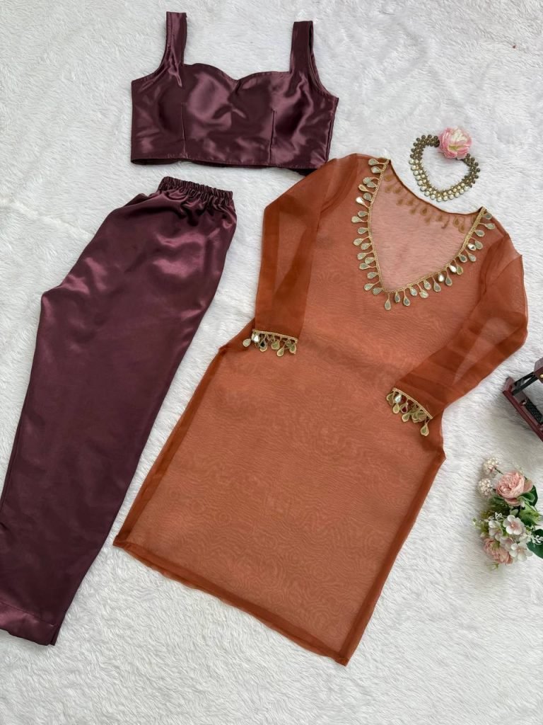 Light Brown organza silk thread with mirror work top-pant and blouse set