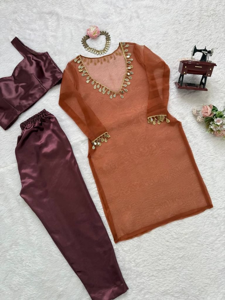Light Brown organza silk thread with mirror work top-pant and blouse set