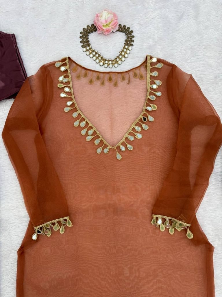 Light Brown organza silk thread with mirror work top-pant and blouse set