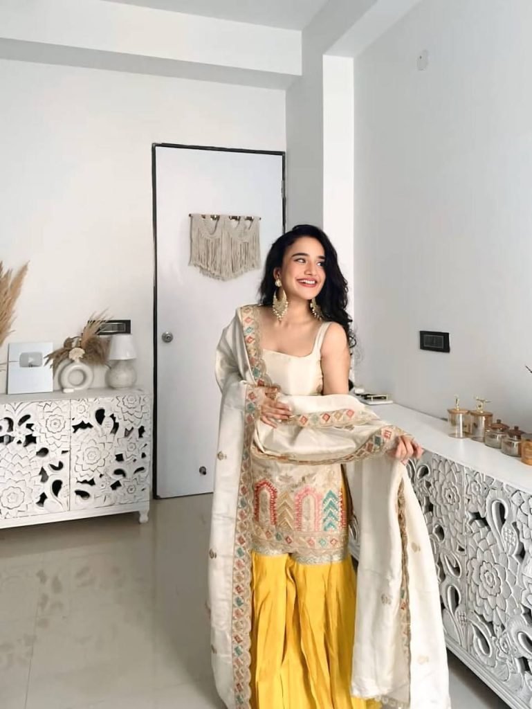 Cream chinnon silk thread & sequence work top-sharara and dupatta set