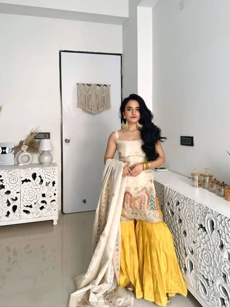Cream chinnon silk thread & sequence work top-sharara and dupatta set