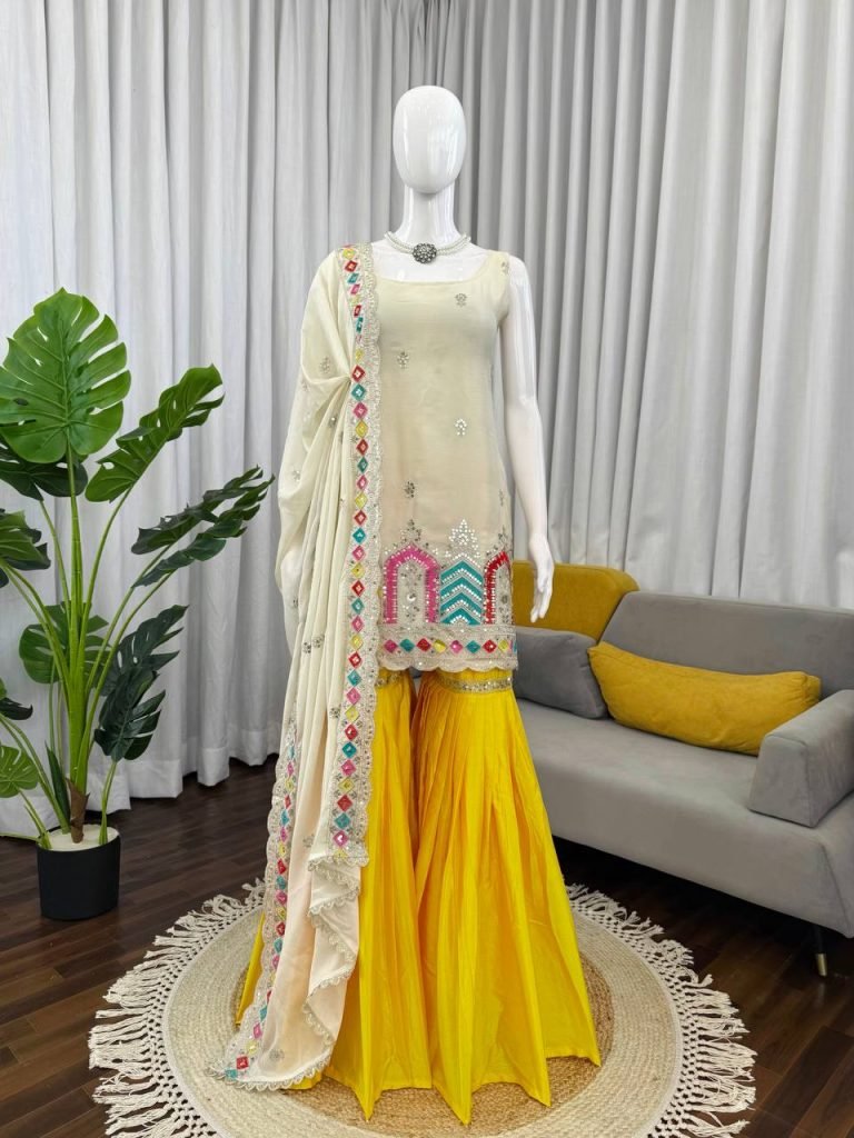 Cream chinnon silk thread & sequence work top-sharara and dupatta set