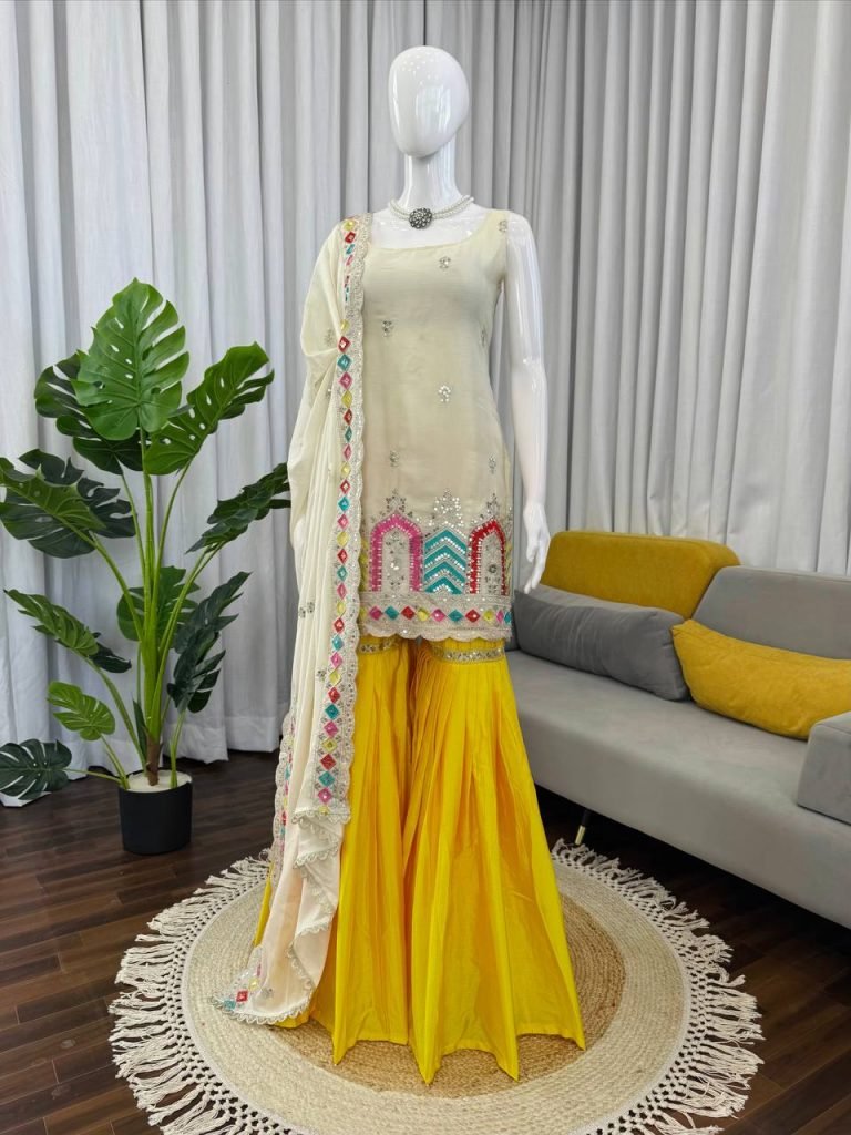 Cream chinnon silk thread & sequence work top-sharara and dupatta set