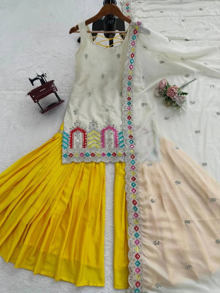 Cream chinnon silk thread & sequence work top-sharara and dupatta set