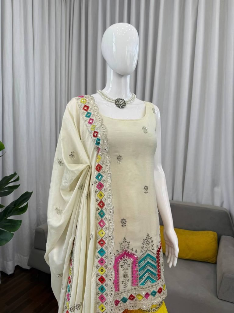 Cream chinnon silk thread & sequence work top-sharara and dupatta set